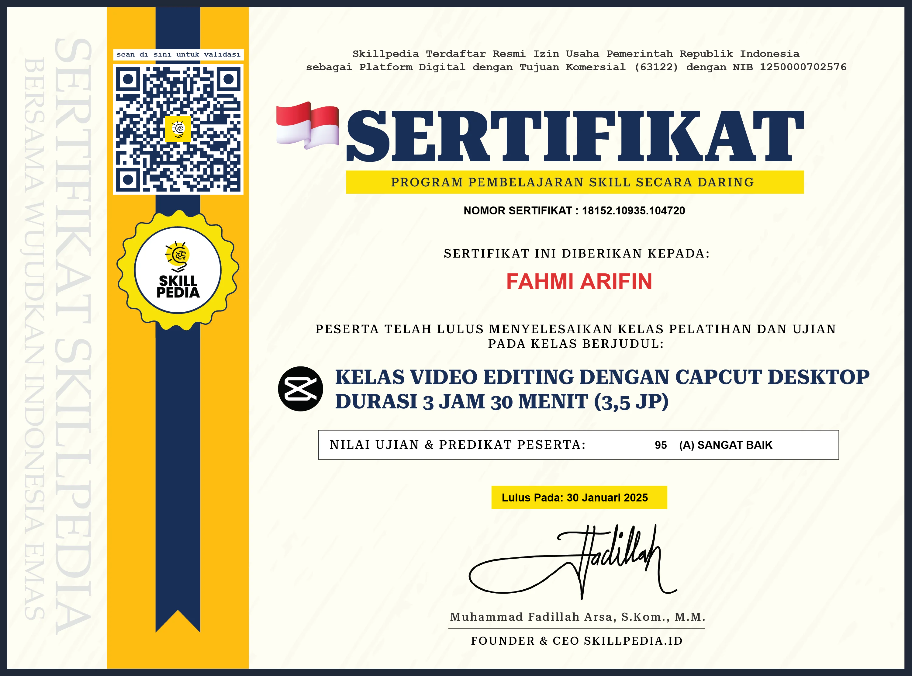 Lihat Sertifikat Kelas Video Editing dengan CapCut Desktop dalam ukuran penuh